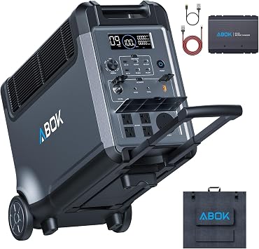 ABOK Ark3600 Portable Power Station with Asp200 200W Solar Panel & Acs500 Alternator Charger, 3840Wh LiFePO4 Solar Generator Bundle, 3600W Output, Expandable to 11520Wh for Home Backup, RV, Camping