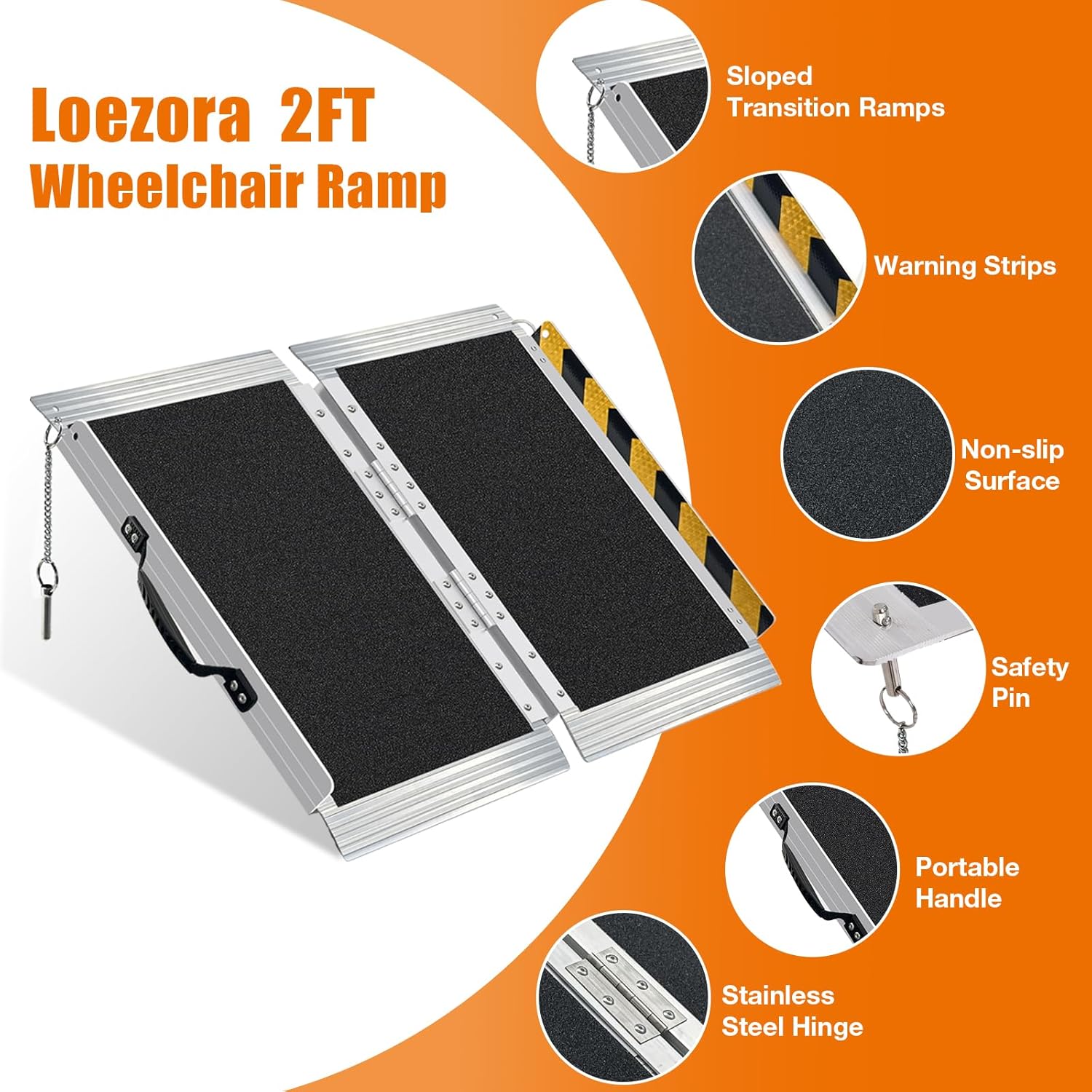 2FT Wheelchair Ramp for Door Thresholds & Curbs - Ultra Lightweight 8.6 lbs, Portable Foldable Design, 800 lbs Capacity, Non-Slip Surface, Recommended for 1-3 Inch Steps