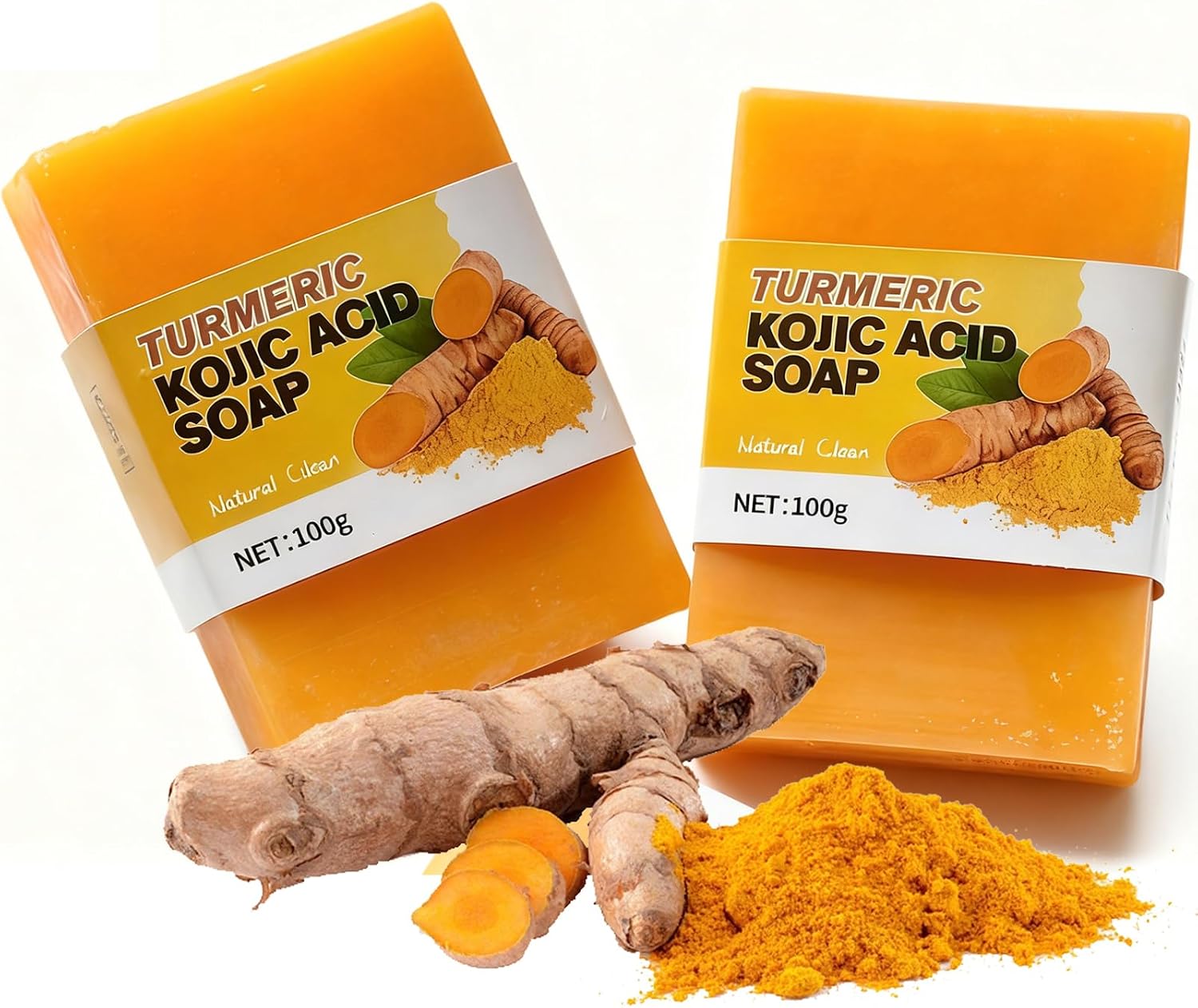 2PCS Kojic Acid & Turmeric Soap, Natural Handmade Brightening Soap for Dark Spots Acne Scars, Gentle Exfoliating Moisturizing, Anti-Aging Antioxidant for Face Body, Suitable for All Skin Types