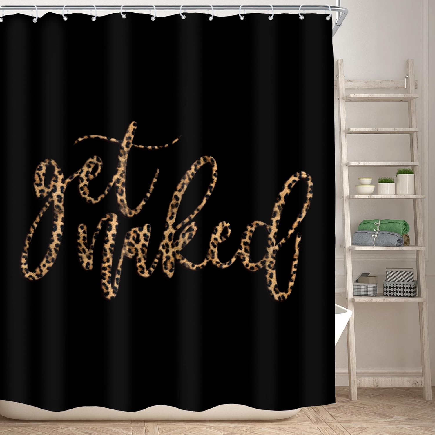 KOMLLEX 4Pcs Black Get Naked Shower Curtain Sets, Bath Mat and Toilet Lid Cover, Cheetah Leopard Print Funny Quotes Cute Modern Simple Bathroom Decor Set with Rugs and Accessories, 12 Pack Hooks
