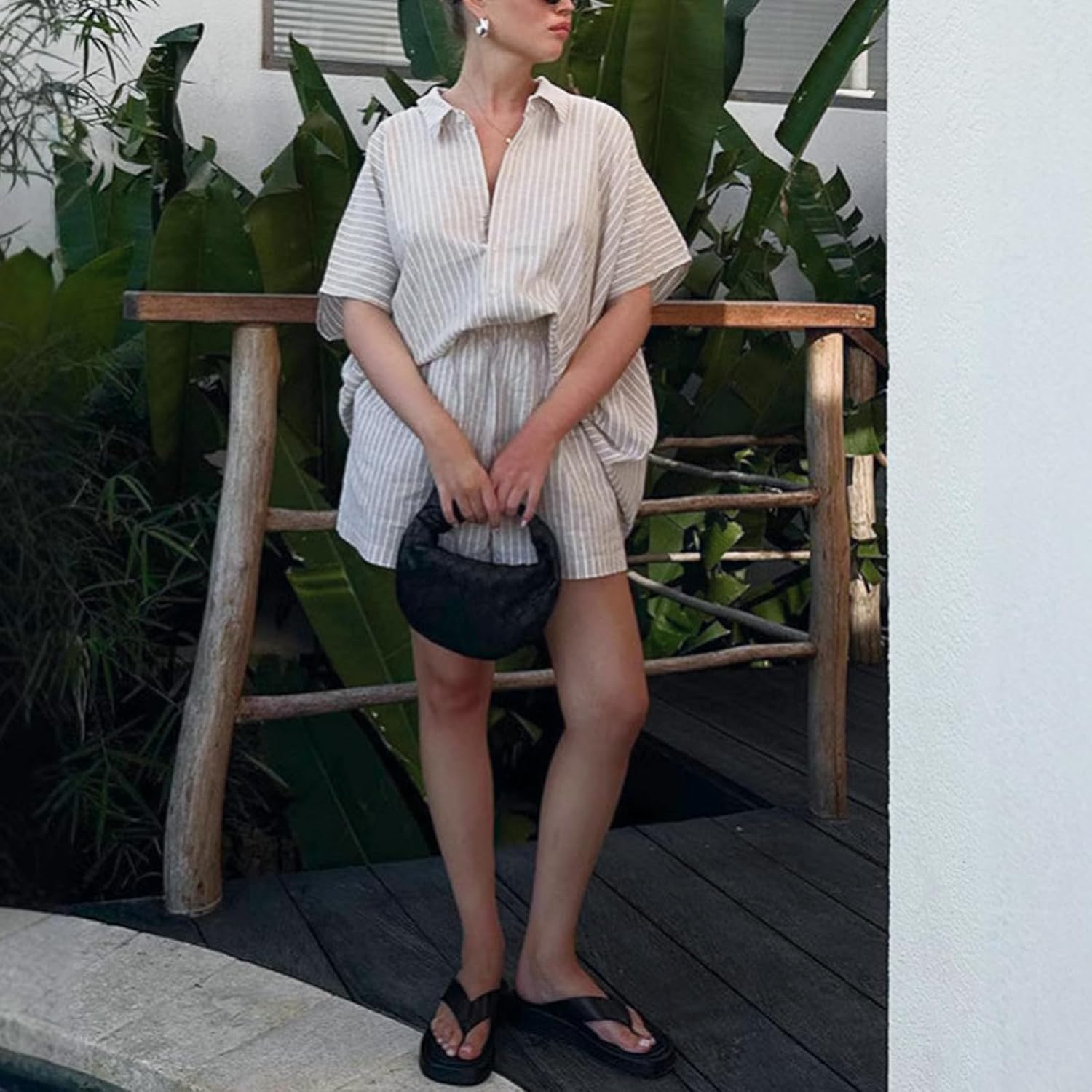 Women Striped 2 Piece Set Oversized Half Sleeves Button Down Shirt and Drawstring Shorts Summer Vacation Outfits - Image 2