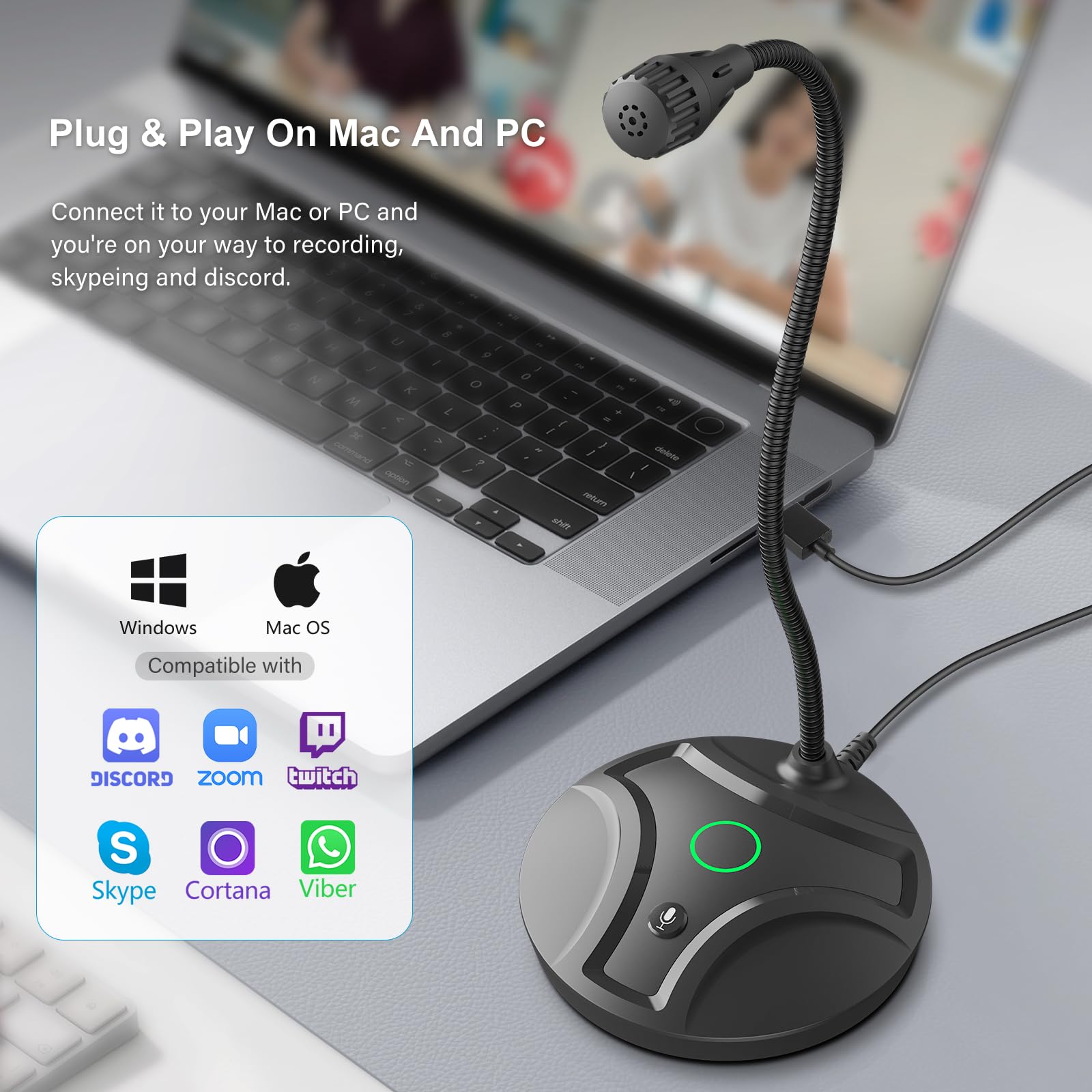 Microfono USB per computer Plug & Play, collo d'oca flessibile e pulsante di disattivazione LED, microfono da tavolo per giochi, YouTube, Streaming, compatibile con Windows/Mac (1,8 m)