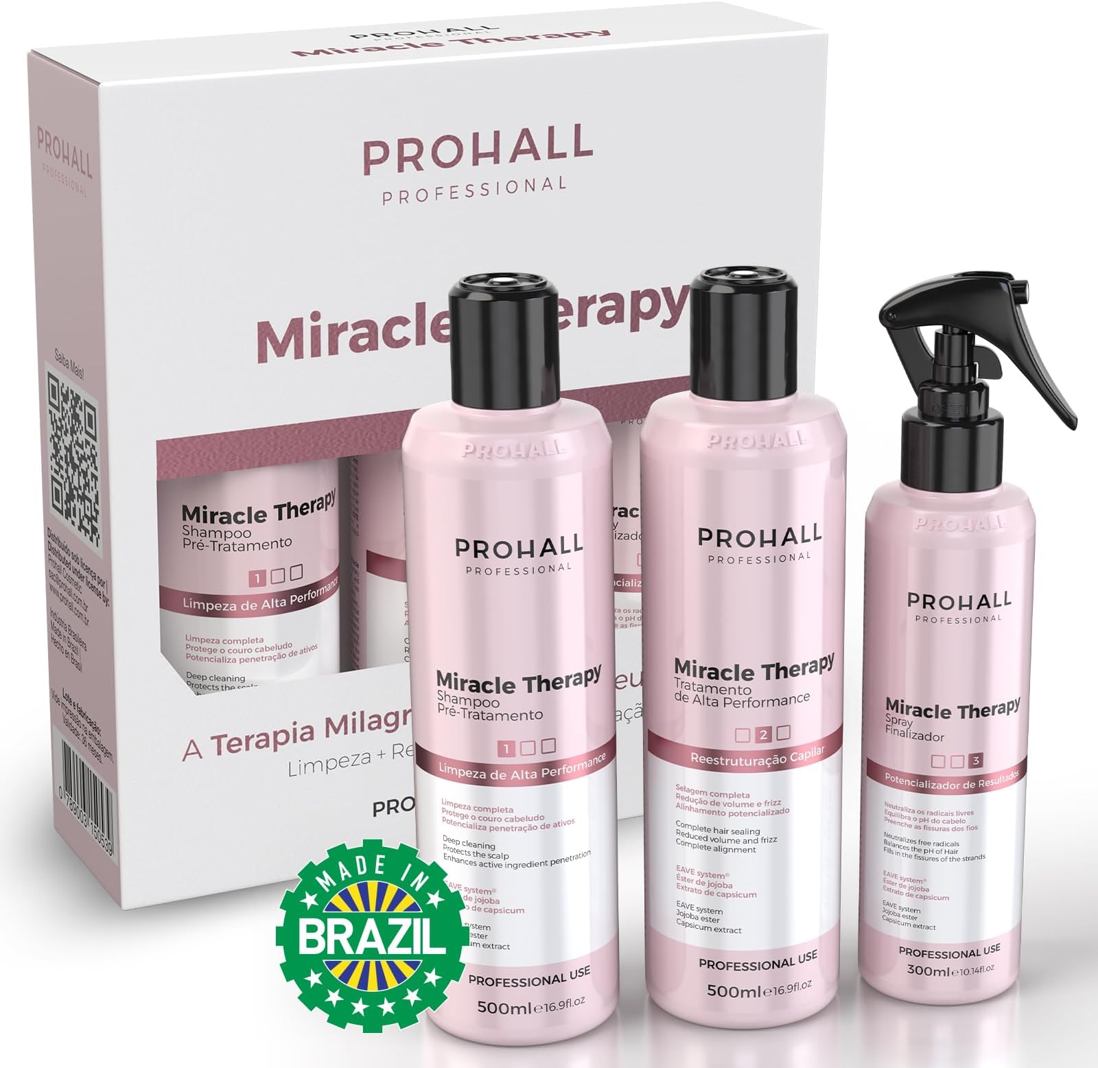 Brazilian Keratin Hair Treatment Blowout Complex- Prohall Miracle Therapy Kit 44Floz/ 1300ml- Formaldehyde Free Keratin Treatment at Home -Queratina Brasileña Keratina Para Alisar el Pelo Sin Formol