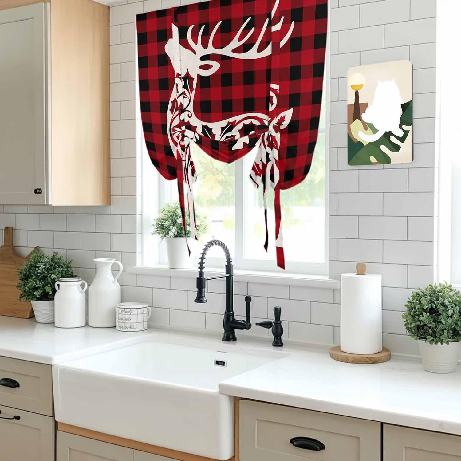 Red Black Plaid Christmas Tie Up Curtains for Window, Abstract Xmas Deer Winter Thermal Insulated Balloon Shade Adjustable Rod Pocket Curtains Valance Panels for Kitchen Bathroom Café 52'' x 45''