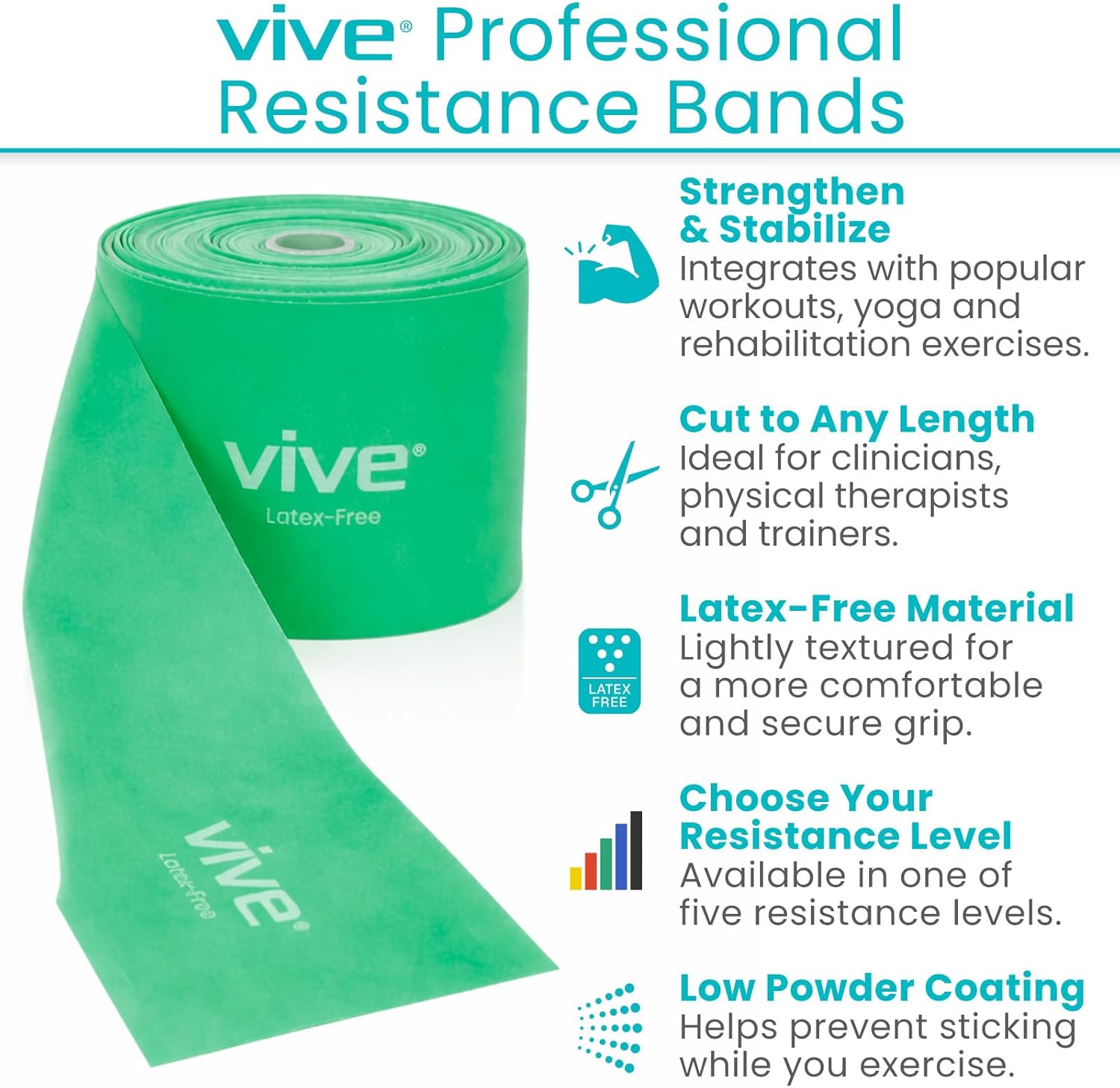 Vive Professional Resistance Bands - 25 Yard Non-Latex Roll for Physical Therapy, Lower and Upper Body Exercise Workout - Straight Elastic for Strength Training, Rehabilitation, Women, Men