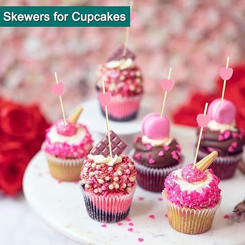 Miniatura 4 de Púas de cóctel, palillos de dientes de corazón rosa de 4.7 pulgadas para aperitivos, 100 palillos de cóctel de bambú para postres charcutería