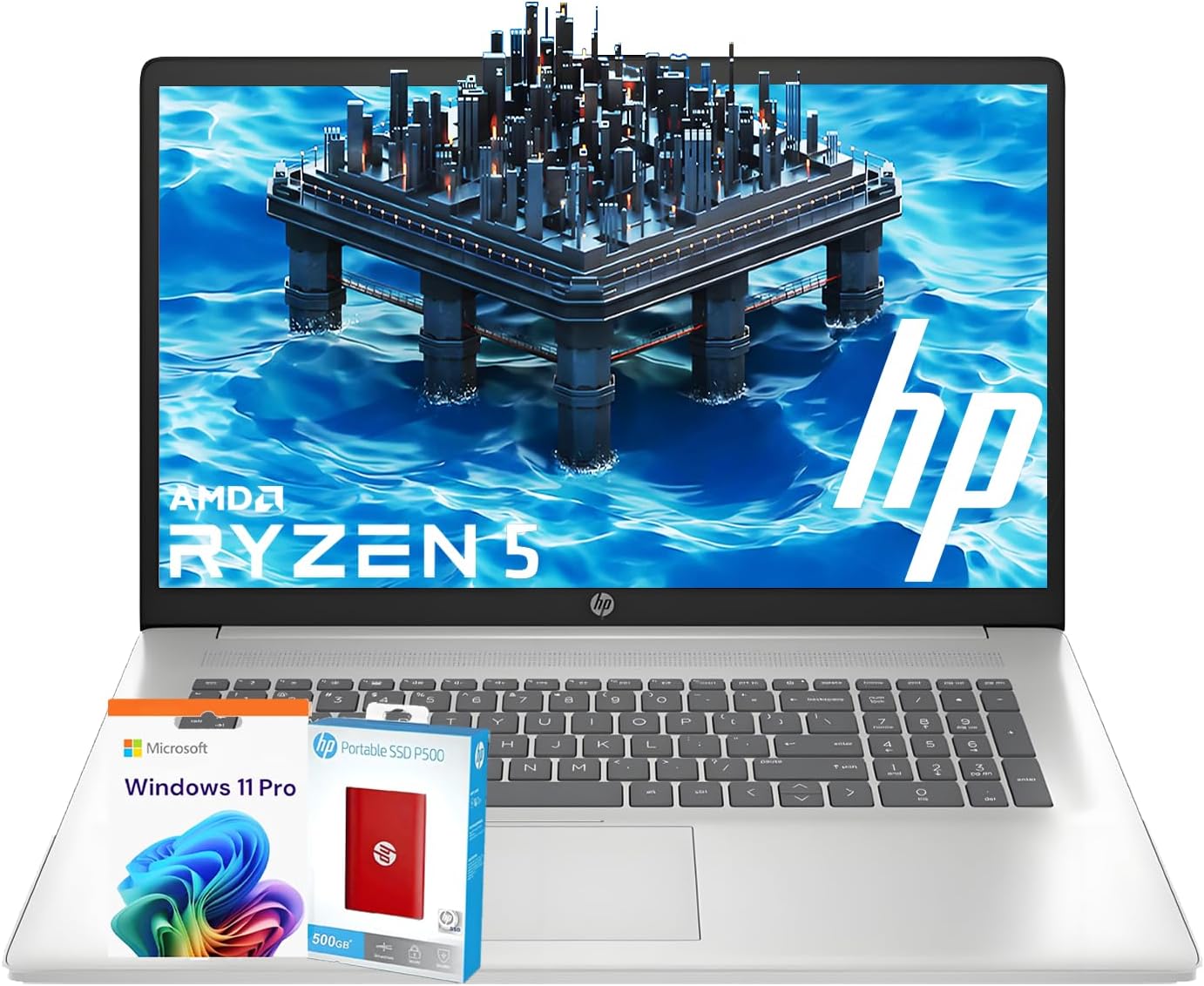 HP 17 Business Laptop Computer, 64GB RAM, 1TB Storage (512GB PCIe + 500GB P500 Portable), 17.3" FHD 1080p IPS LED Display, AMD Ryzen 5 7430U Processor, HDMI, Fast Charge, Windows 11 Pro