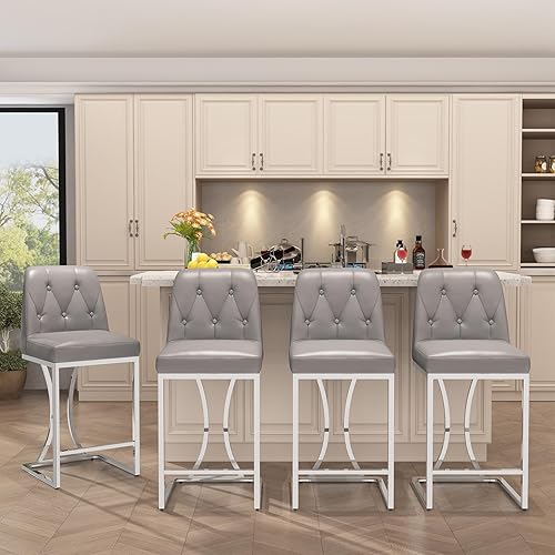 Miniatura 9 de 24" Counter Height Bar Stools Set of 2, Grey Counter Stools with Back and Sliver Metal Frame, Modern Luxury Barstools with Footrest, Upholstered PU