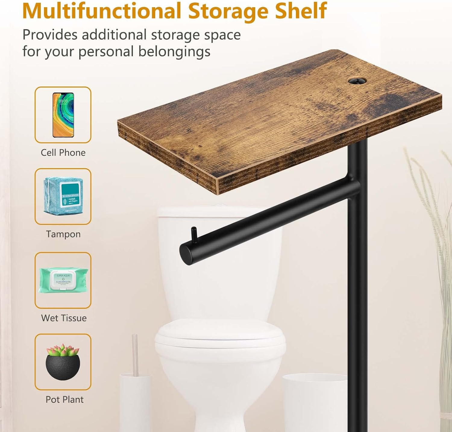 Rustic Brown Farmhouse Toilet Paper Dispenser - FreeStanding Tissue Roll Holder with Shelf for Bathroom Toilet Paper Storage