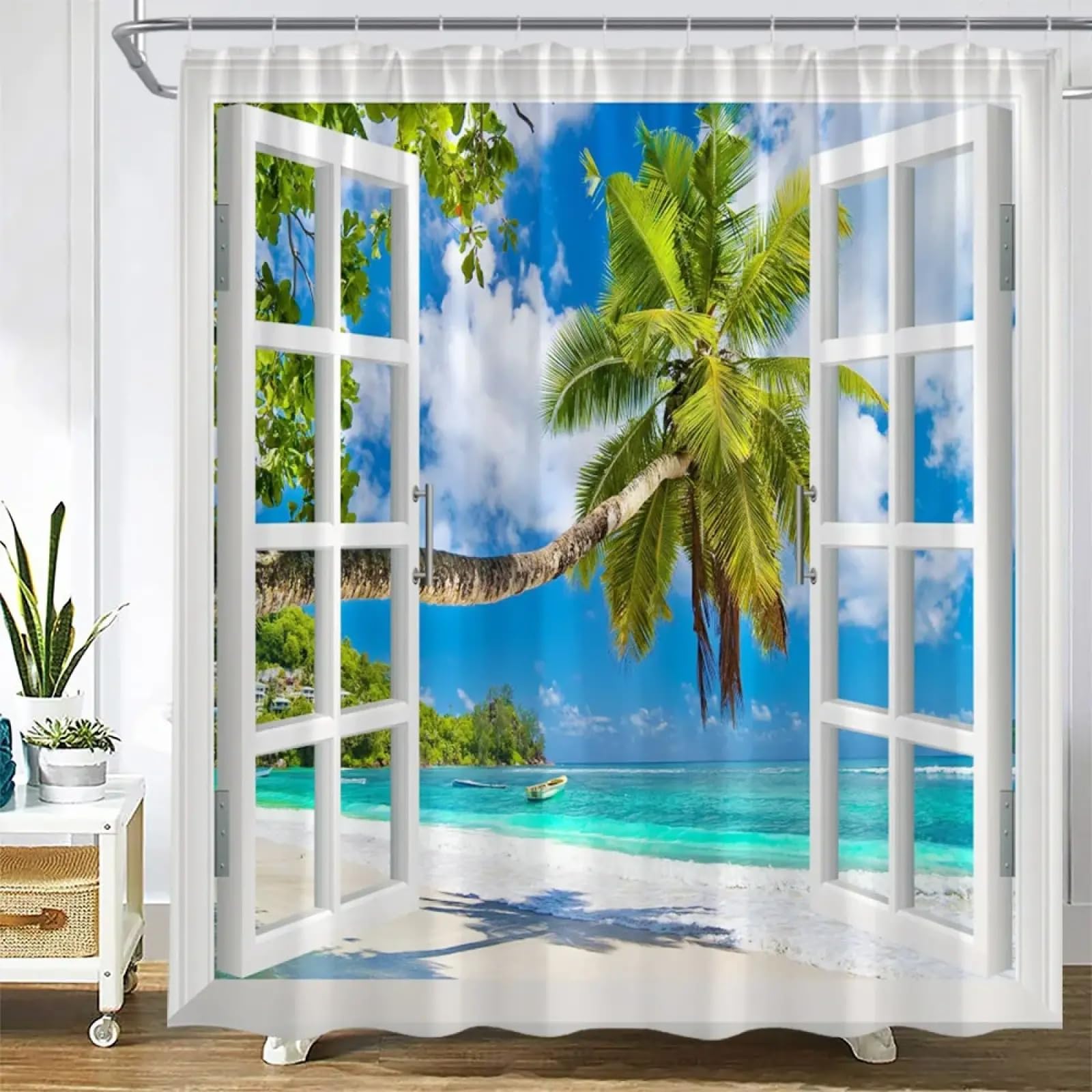 Rideau de douche paysage hawaïen 137x198cm avec crochets de salle de bain