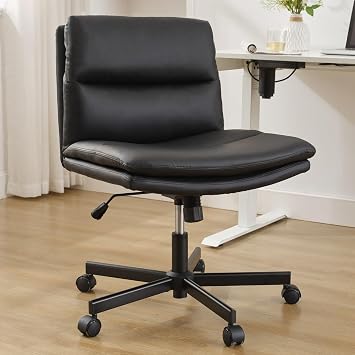 Okeysen Criss Cross Chair with Wheels, Armless Wide Seat Cross Legged Comfy Office Desk Chair, PU Leather Height Adjustable Swivel Computer Task Chairs for Home, Office, Vanity, Black