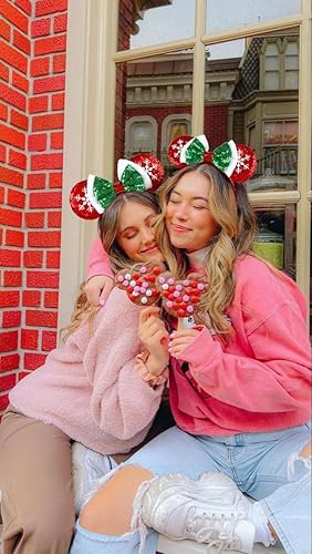 Miniatura 5 de WOVOWOVO Diademas de orejas de ratón de Navidad para mujeres y niñas, decoración de lazo con lentejuelas rojas y diadema de copo de nieve blanco,