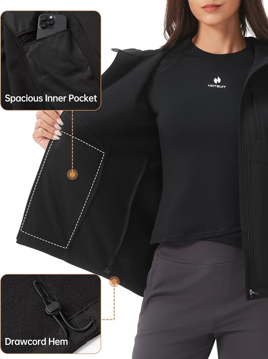 HOTSUIT Women's Softshell Fleece Lined Warm Windbreaker Jacket Light Hooded Water Resistant Rain Coat for Travel Daily - Image 5