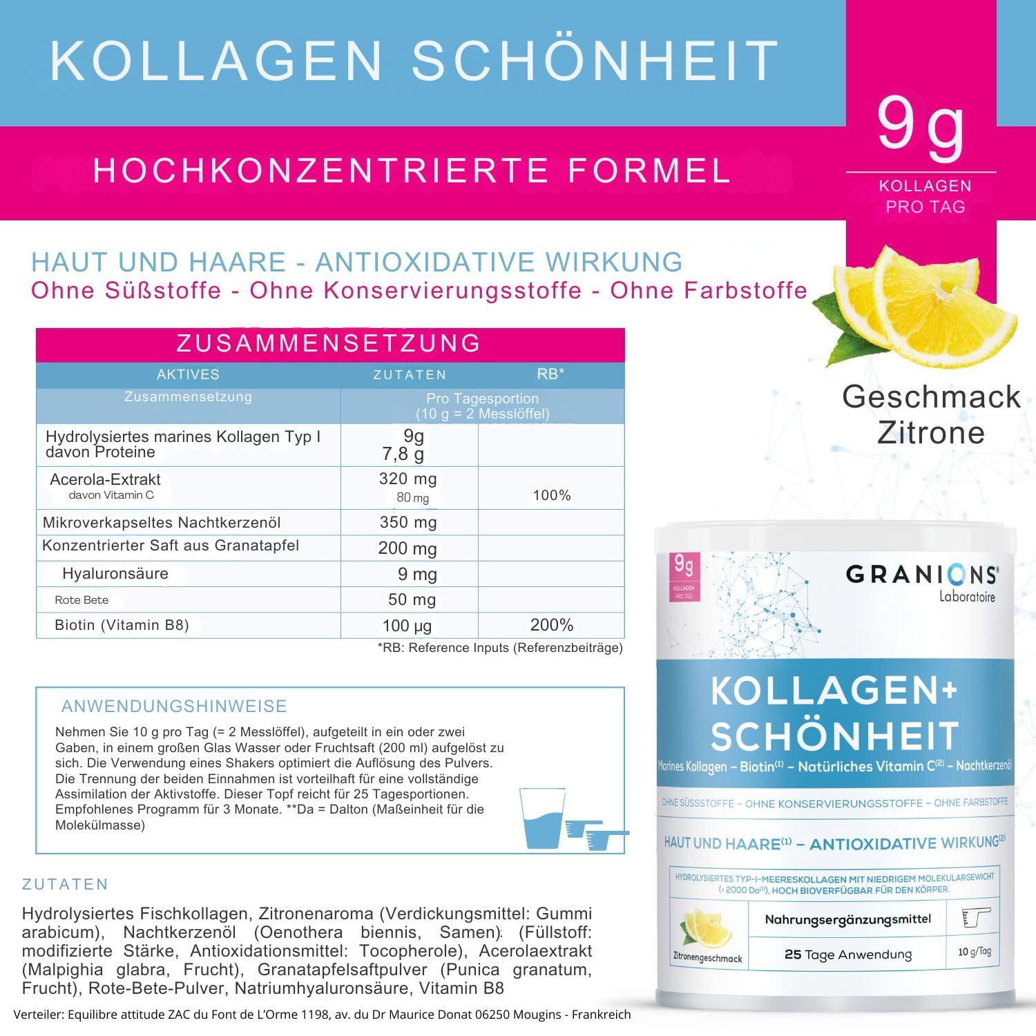 Kollagen Pulver 250g - Biotin Haare - Kollagen - Vitamin C - Hyaluronsäure - Schönheit Haut - Hohe Assimilation, Marine kollagen Geschmack Zitrone - Alternative kollagen kapseln - Granions