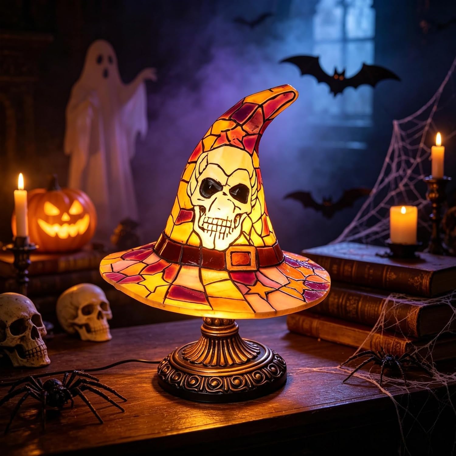 Stained Glass Halloween Pumpkin Table Lamp, Jack-O-Lantern Night Light, Vintage Style, USB Powered, Witch Hat Table Lamp Desktop Decorative Ornament Gothic Decor (Skull)
