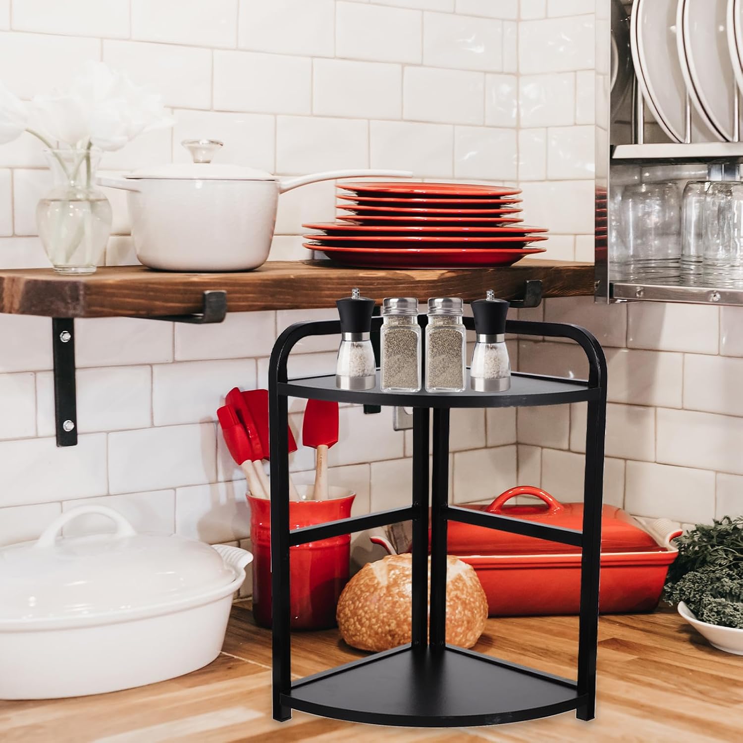 Corner Shelf Storage Rack for Kitchen Table, Two-layer Black Iron and Wood Corner Stand with Easy Installation and Space Saving Design for Home Decoration