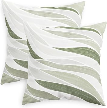 CaliTime Decorative Couch Throw Pillow Covers, 18 X 18 Inches, Sage Green | Pack of 2, Cozy Fleece Two-Tone Abstract Sea Wave Geometric Cushion Cases for Sofa Bed Living Room Farmhouse Home