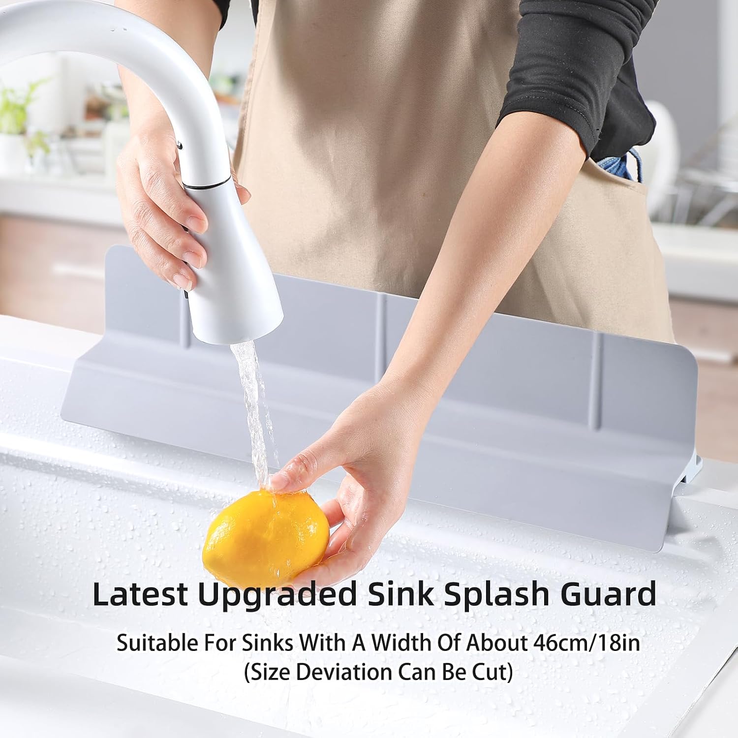 18" Upgraded Silicone Sink Splash Guard Released in 2026,Self-Draining Water Splash Guard for Kitchen Sink,Bathroom and Kitchen Island,with 3.5" High Splash Guard & 6 Strong Suction Cup(Grey)