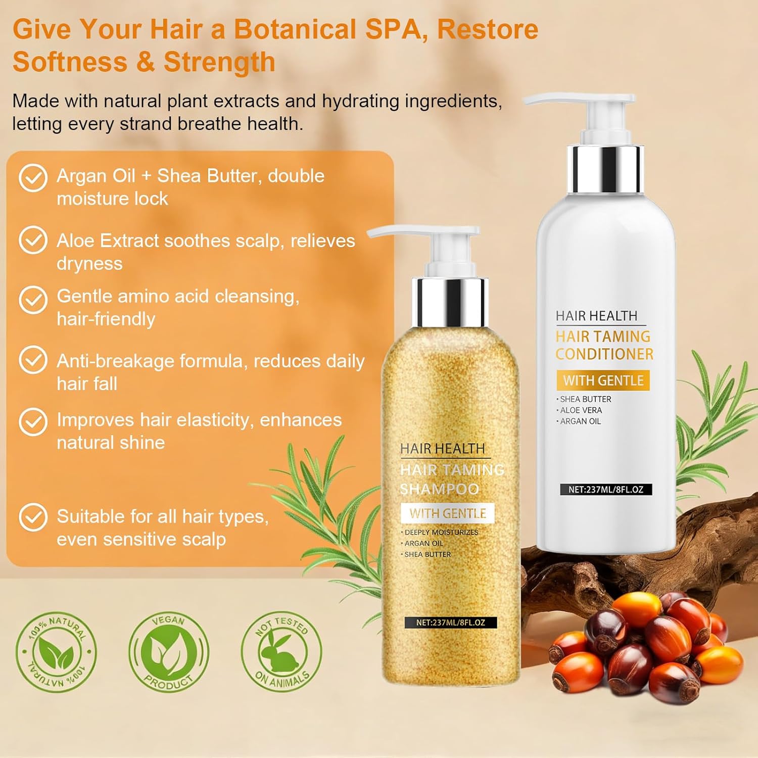 Argan Oil Shampoo and Conditioner Set, Moroccan Hair Care, For Curly, Straight, Dry and Damaged Hair, Moisturizing, Hydrating, Anti Frizz, Scalp Cleansing & Hydrating Hair Wash - Image 2