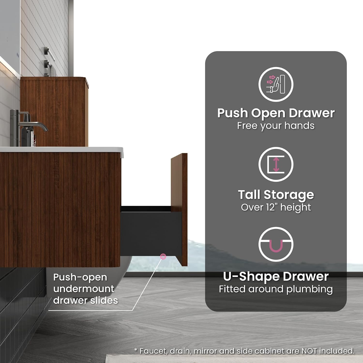 30" Bathroom Vanity with Sink, Modern Floating Vanity with Push Open Soft Close Drawer, Large Storage for Small Space, Walnut, Fully Assembled - Camellia Collection
