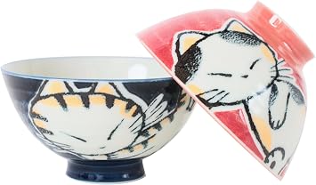 Mino ware Japanese Pottery Pair Rice Bowl Animal Pattern set of 2 made in Japan Japan Import MIG016 Tabby Cat