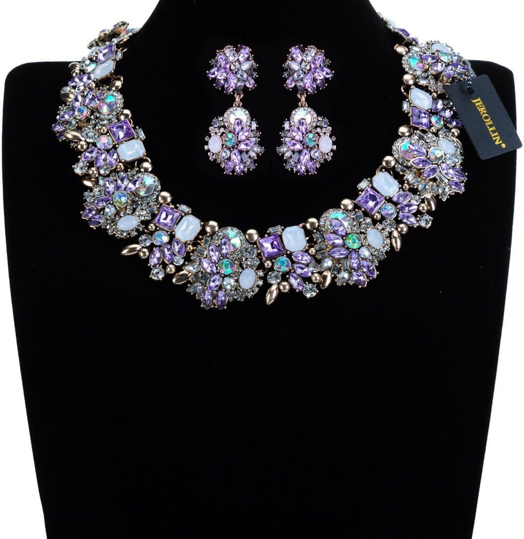 Vintage Crystal Rhinestone Statement Choker Bib Statement Necklace Earring Fashion Costume Jewelry Set for Women - Image 3