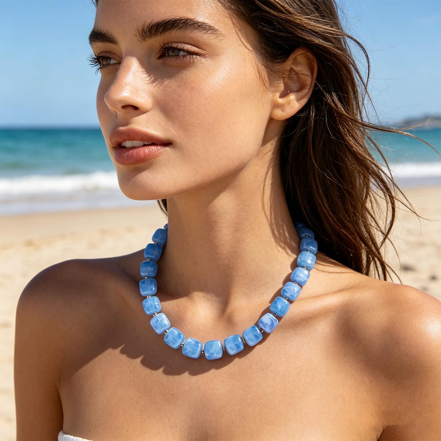 Chunky Beaded Necklace for Women Boho Statement Choker Necklace Trendy Resin Beads Summer Beach Jewelry Gifts