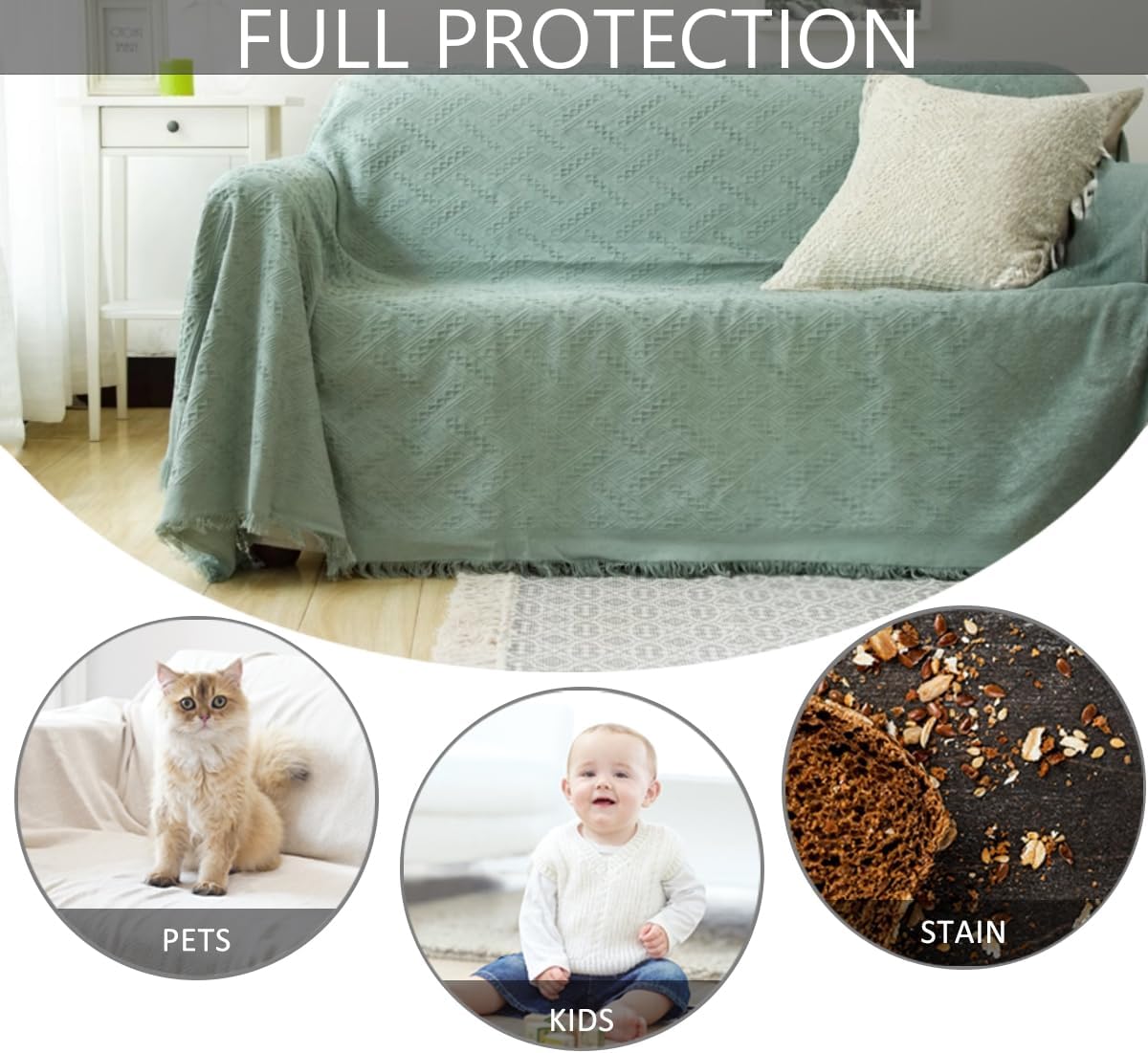 Sofa Cover for 3 Cushion Couch, Sectional Couch Cover Washable, Geometrical Jacquard Futon Couch Covers Protector for Dog, Decorative Sofa Covers with Tassels, XX-Large, 71"x102", Grass Green
