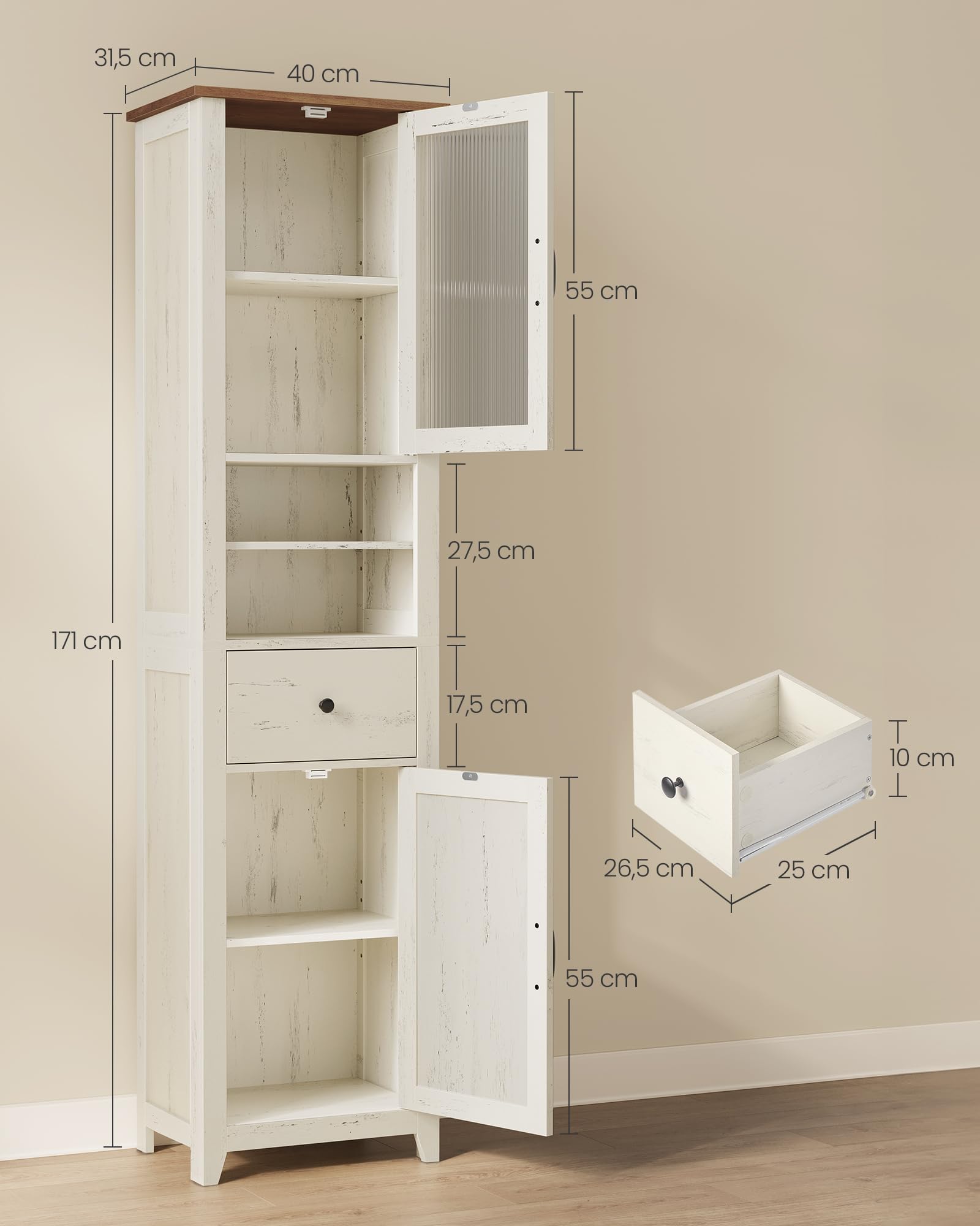 VASAGLE LIRY Collection - Armoire Salle de Bain Style Campagne, Meuble de Rangement Mince, Compartiments Ouverts, 1 Tiroir, avec Portes, Blanc Rustique et Marron Miel, 31,5 x 40 x 171 cm BBK760W101