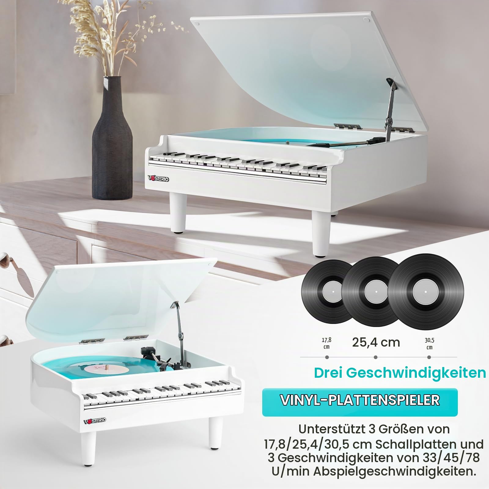 Vosterio Vinyl Plattenspieler, 3-Gang Schallplattenspieler mit eingebauten Stereo-Lautsprechern, Plattendreher mit Bluetooth-Empfangsfunktion und Bluetooth-Ausgang, USB-Spieler, Vinyl-zu-MP3, weiß