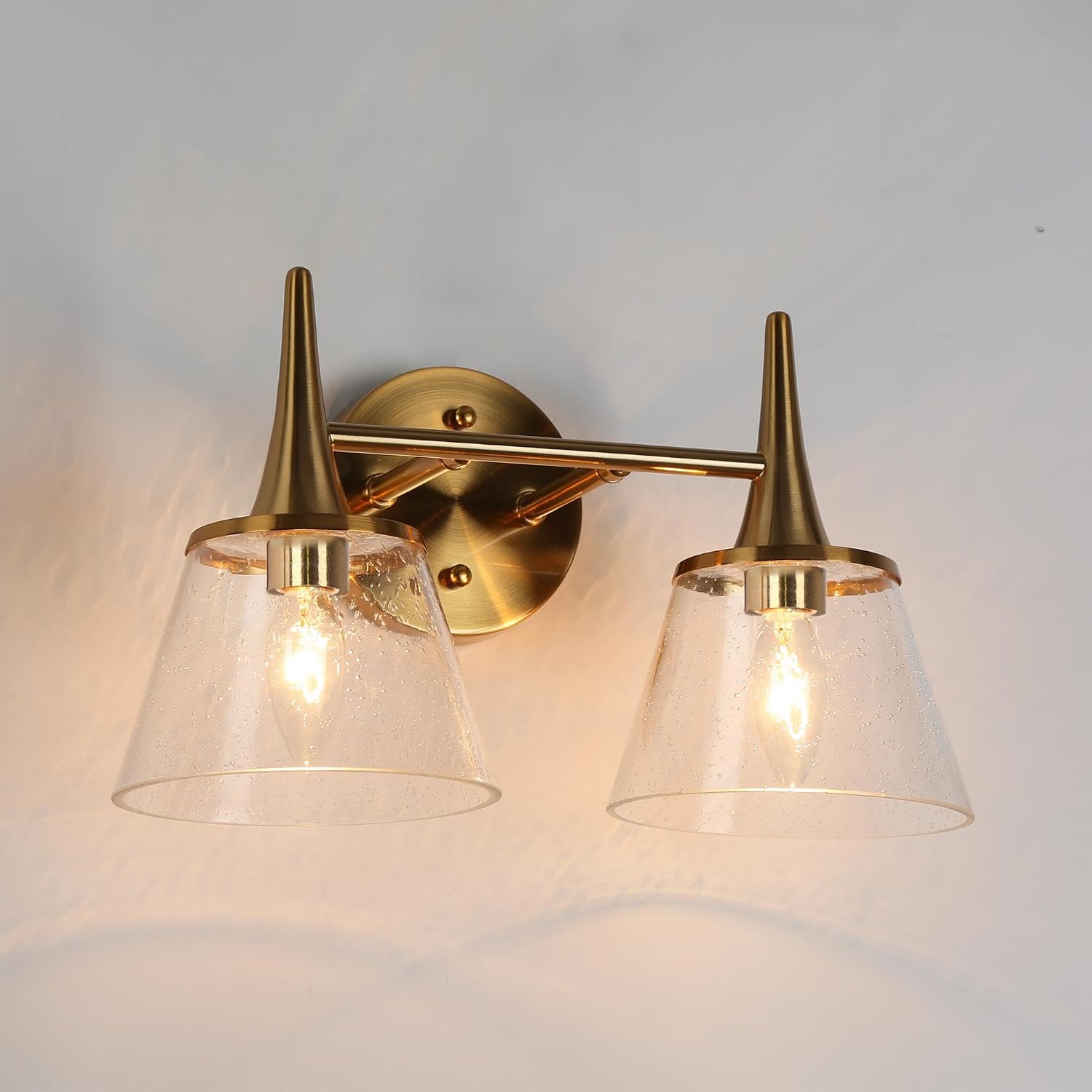 Gold Bathroom Vanity Light, 2-Light Modern Vanity Lights for Bathroom with Seeded Glass Shades, Farmhouse Bathroom Light Fixtures Over Mirror