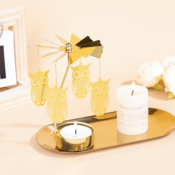 Spinning Candle Holder, Gold Tea Lights Candle Holder Owl Carousel Candle Spinner, Rotating Metal Candle Holders for Table Centerpiece Owl Tealight Holder for Christmas Festival Home Decor