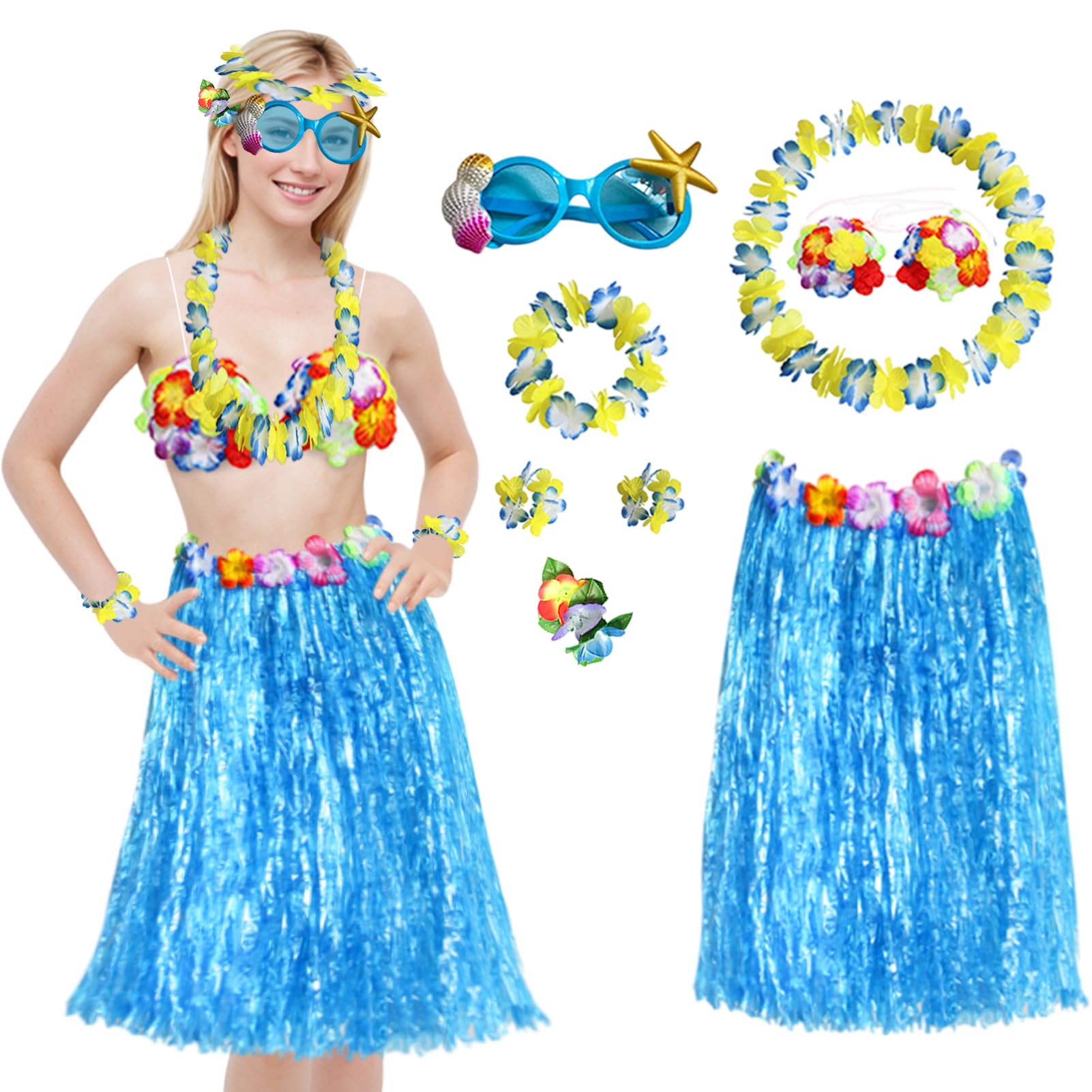8 Pcs Hawaiian Hula Costume Set,40cm Hawaiian Grass Skirt,Hawaii Leis,Flower Bikini Top,Hibiscus Hair Clip Set,for Adults Fancy Dress Supplies Party Summer Beach Tropical Party Decorations (blue)