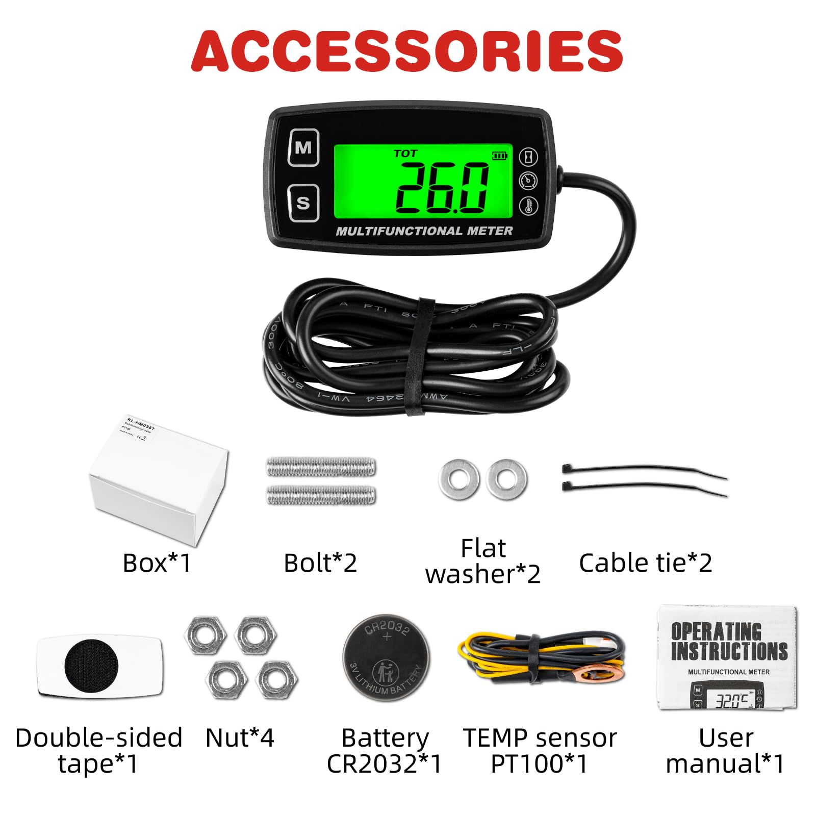 Tachymètre numérique RileyFine RQ-HM035T, fonction horloge, rappel d’entretien, mesure de la température, pour tondeuses à gazon, tracteurs, mini-vélos, motos, compresseurs, générateurs, motoneiges, b