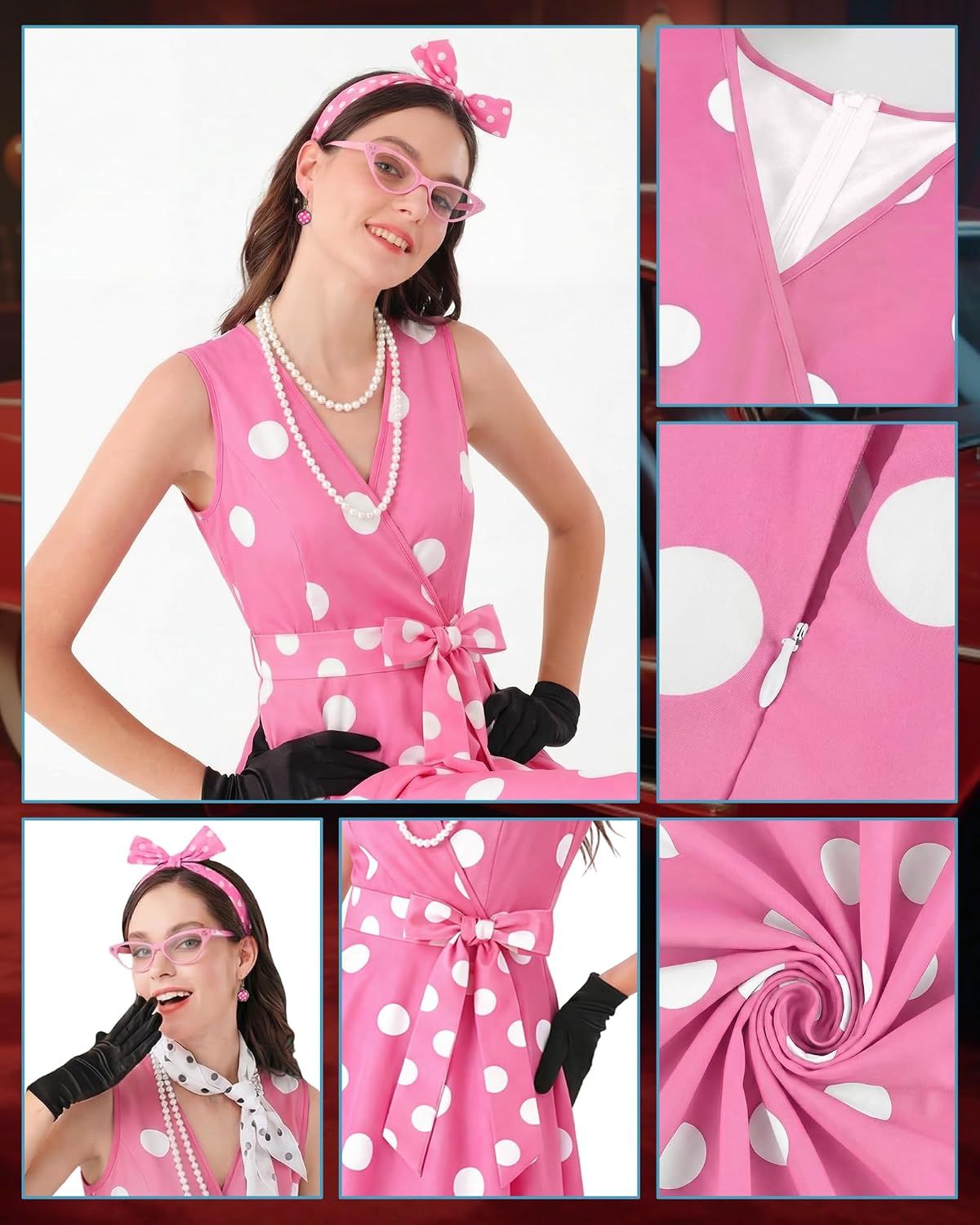 VillbeCoser 1950s Polka Dots Dress Women V-Neck Sleeveless Swing Vintage Cocktail Tea Party Dresses Retro Accessories
