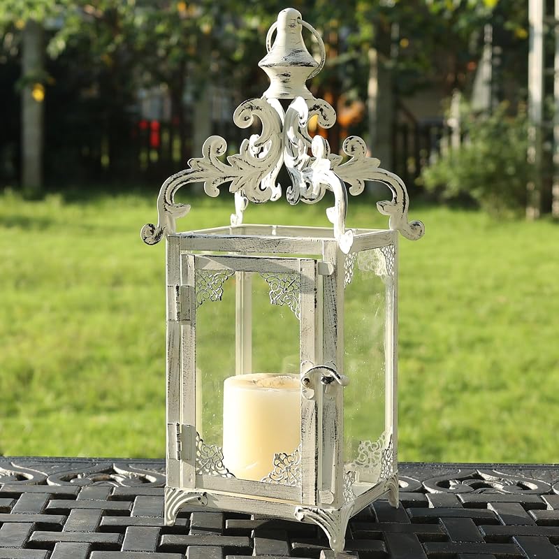 Lanterns Decorative Indoor, 16" White Hanging Lantern Decor Outdoor, Vintage Metal Large Candle Lantern for Patio, Front Porch, Table, Home Decor, Candle Holder with Clear Glass