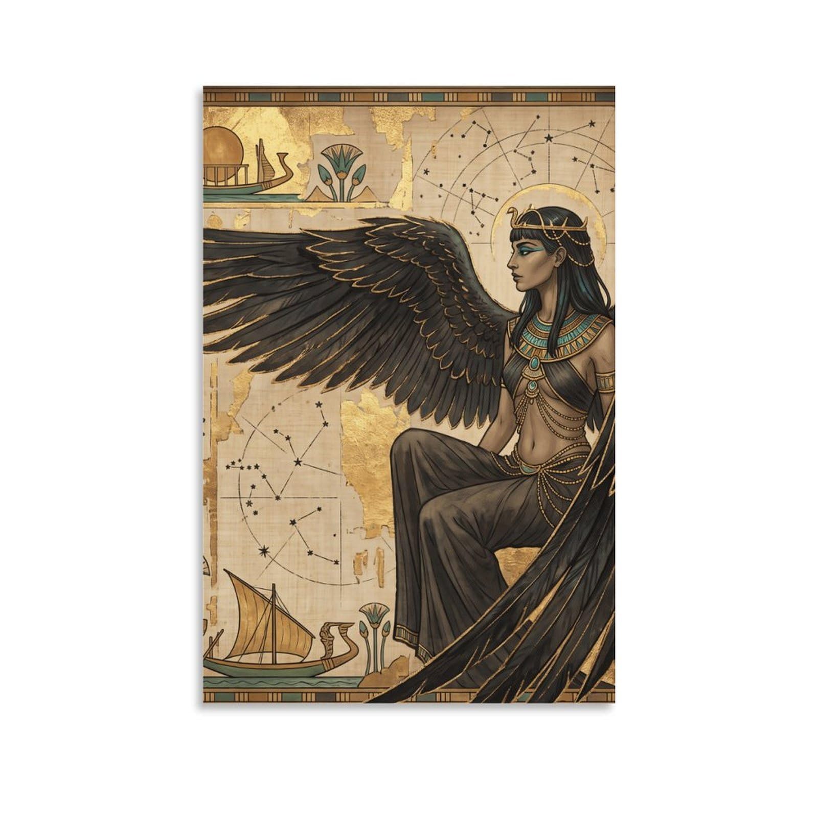 W7C8U2X3 Egyptian Winged Goddess Hieroglyphs Canvas Wall Art