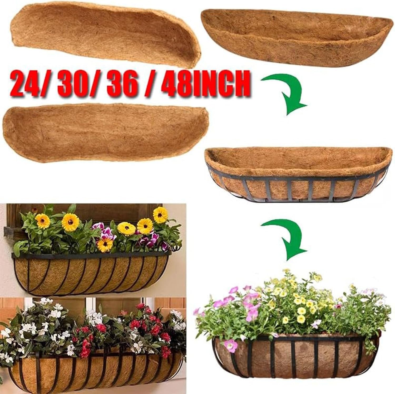 4pcs Hanging Basket Liner Wall Coconut Fiber Trough Liners for Planters, Replacement Planter Liner for Window Box Wall Planter (Size : 48in)