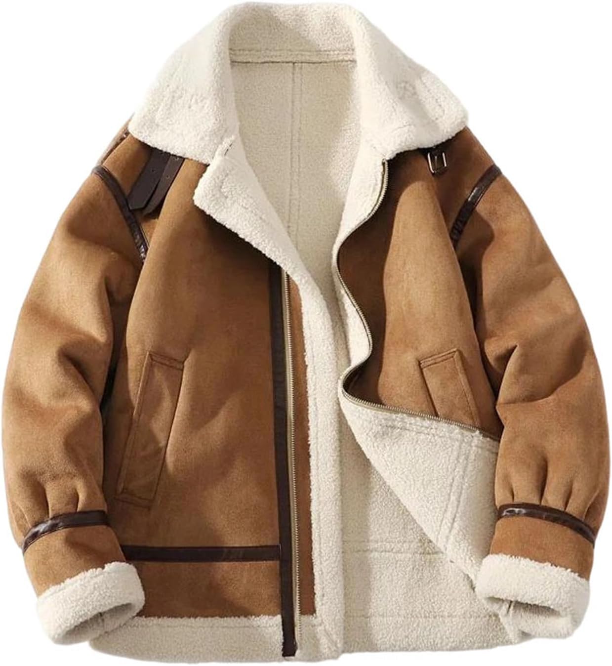 Men's Suede Leather Jacket Faux Lamb Wool Lined Thick Warm Coat Patchwork Turn Down Collar Winter Outerwear