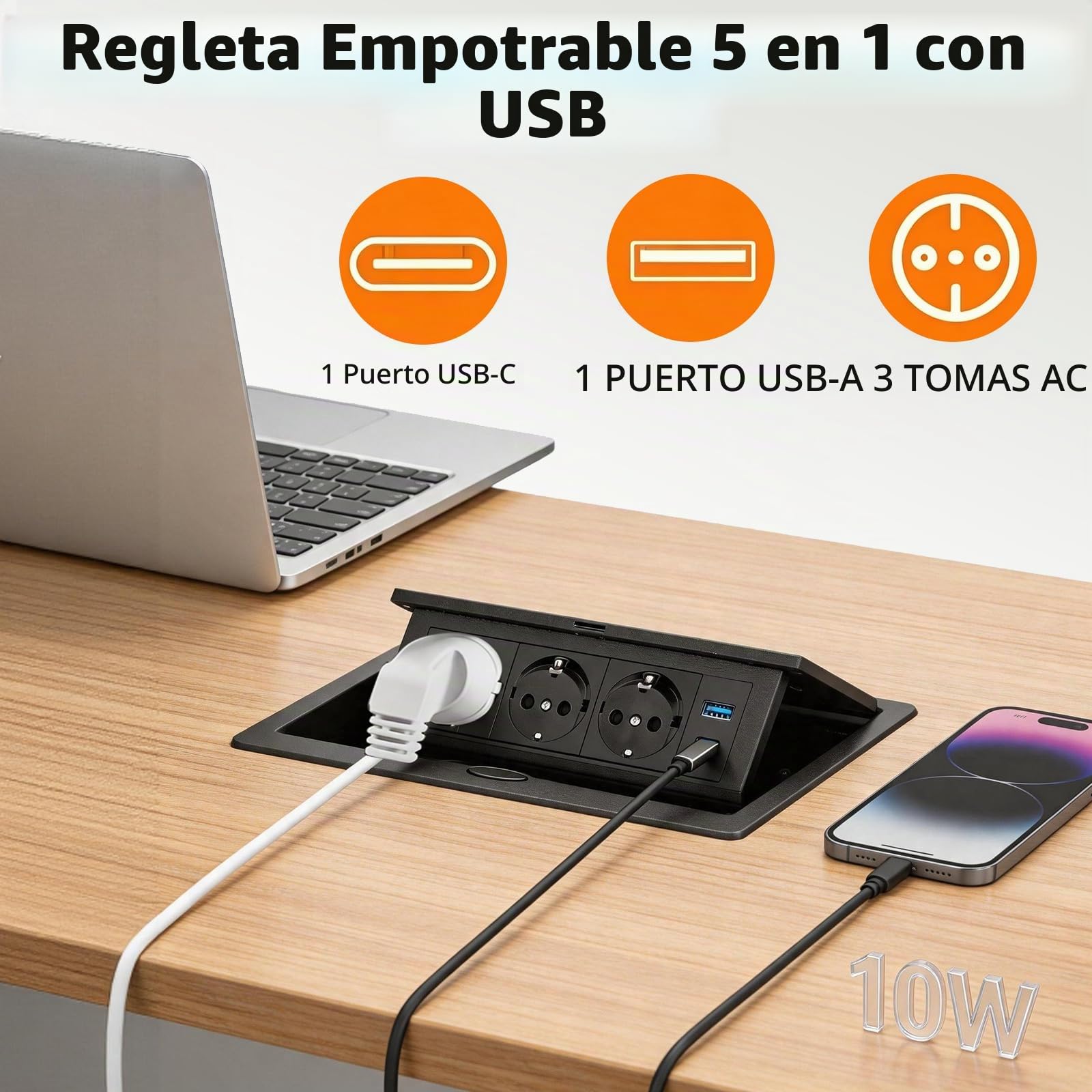 BRGD Enchufe Empotrable de Aluminio, Negro Regleta Retractil 3 Enchufes con Cable de 1,8m y USB para Mesa, Cocina, Banco de Trabajo y Lateral de Armario, 250 V/16 A