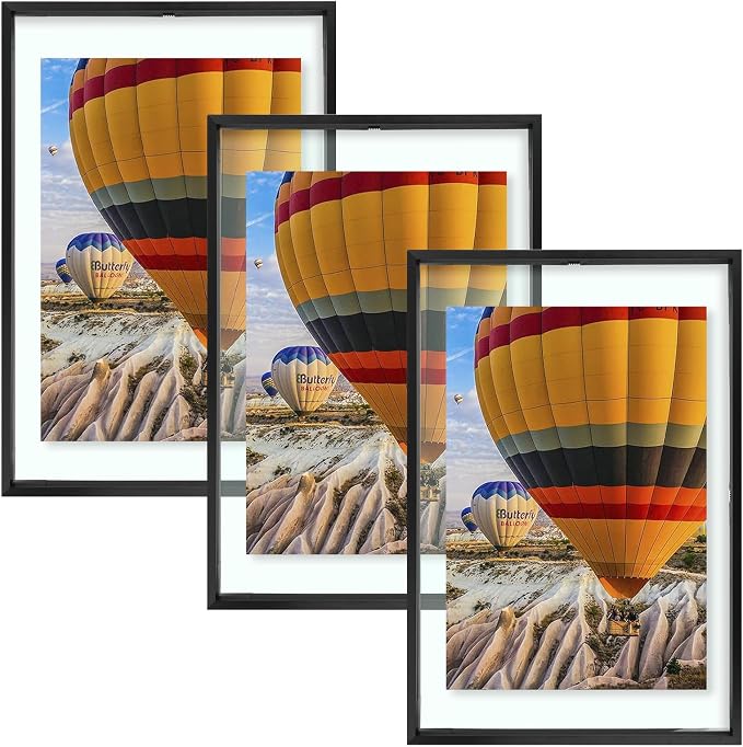 Golden State Art, 12x18 Floating Picture Frame Aluminum, Tempered Clear Glass Displays Any Size Photo Up to 12 x 18, for Home or Gallery Decoration (Black, 3 Pack)