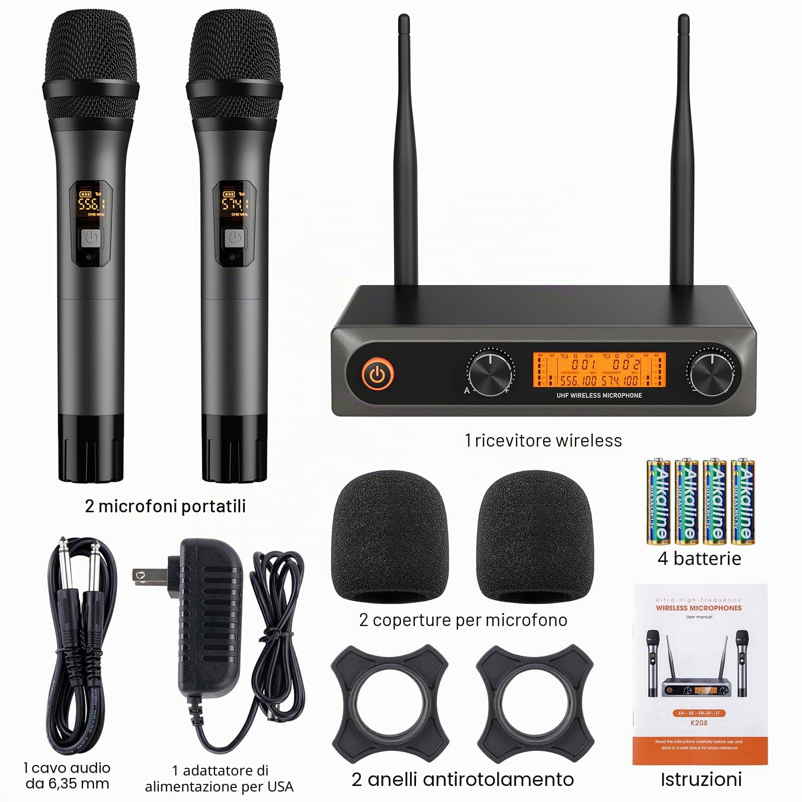 Microfono Wireless Professionale UHF con Ricevitore e 2 Microfoni a Mano in Metallo Dinamici – Sistema Microfoni Wireless per Karaoke, Feste, Matrimoni, Chiesa, Casa, DJ e Riunioni, 60m