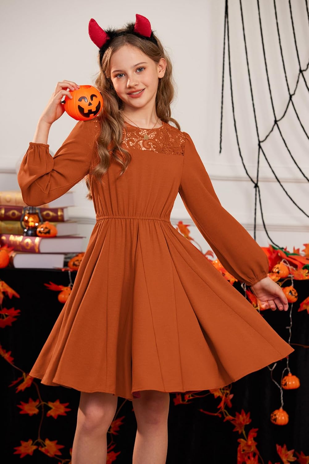 GRACE KARIN Girls Fall Dress Long Sleeve Midi with Lace Panels Twirl Skirt Elastic Waist for Holiday Party 6-14Y