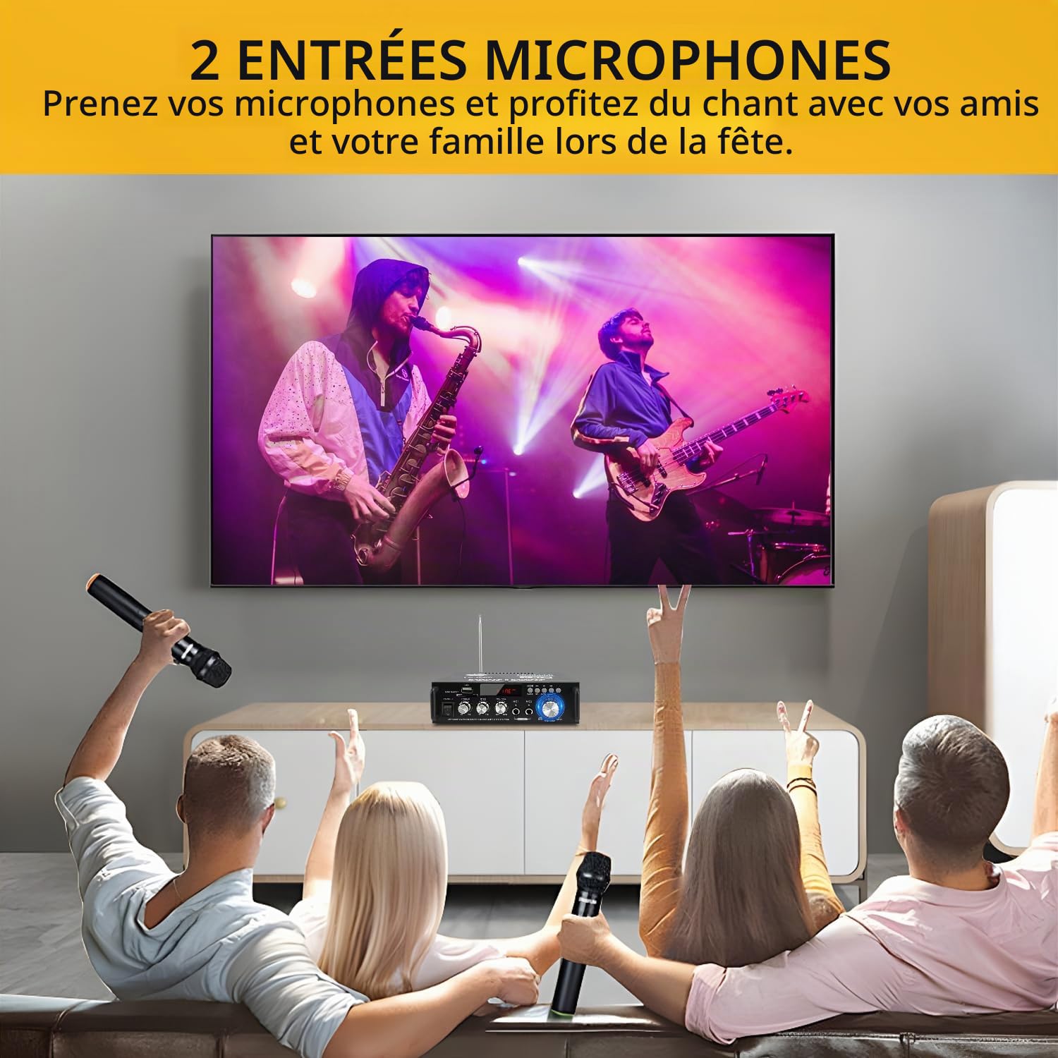 Amplificateur de puissance Bluetooth 5.0, 300 W + 300 W | Stereo Hi-Fi Digital Amp 2.0 Channel avec entrée USB/Bluetooth/FM, Mini Récepteur audio 12V / 220V pour Voiture et Maison