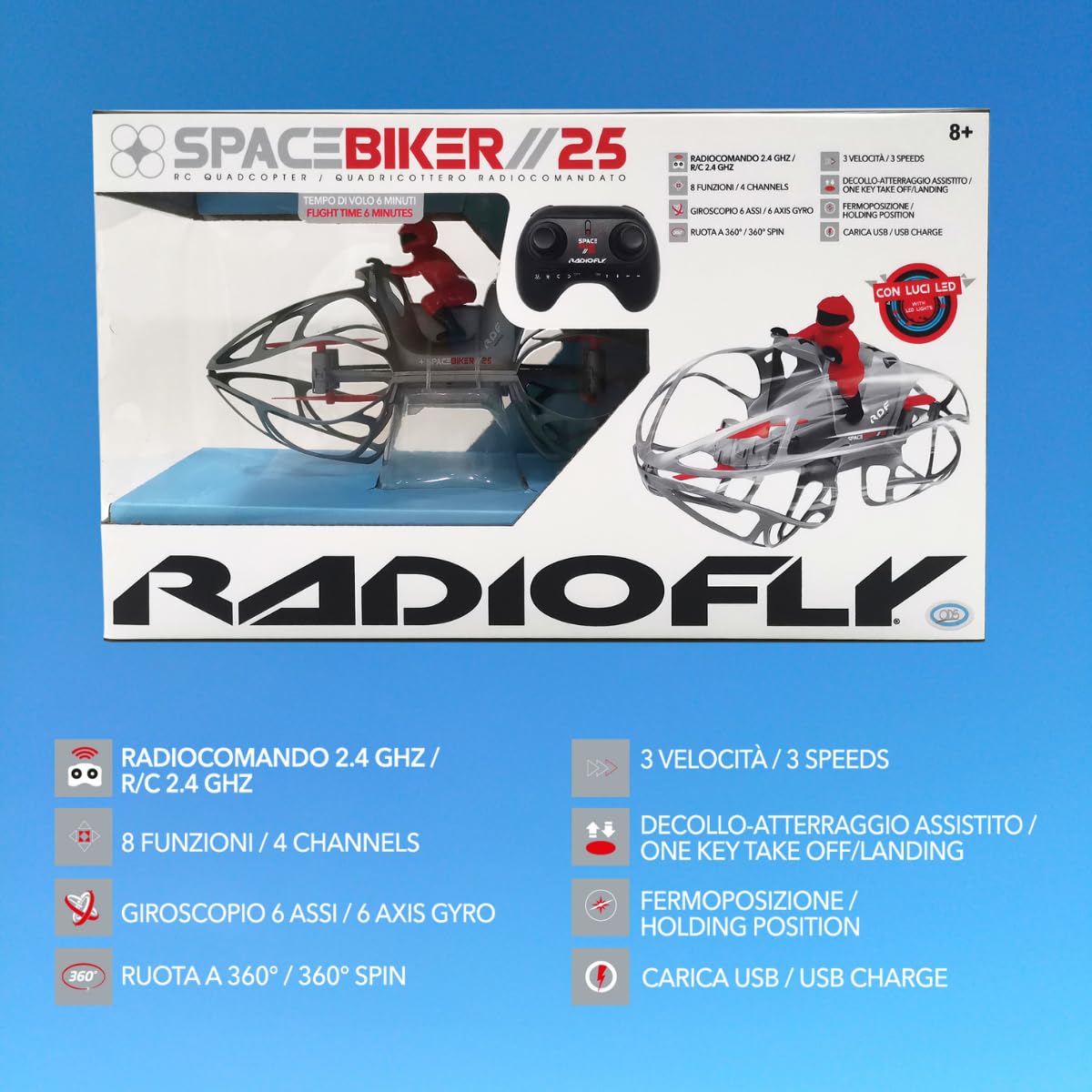 ODS - Radiofly, Space Biker // 25, Drone para niños con giroscopio y bloqueo, mando a distancia de 2,4 GHz, 8 funciones, 3 velocidades, carga USB, edad recomendada + 8 años