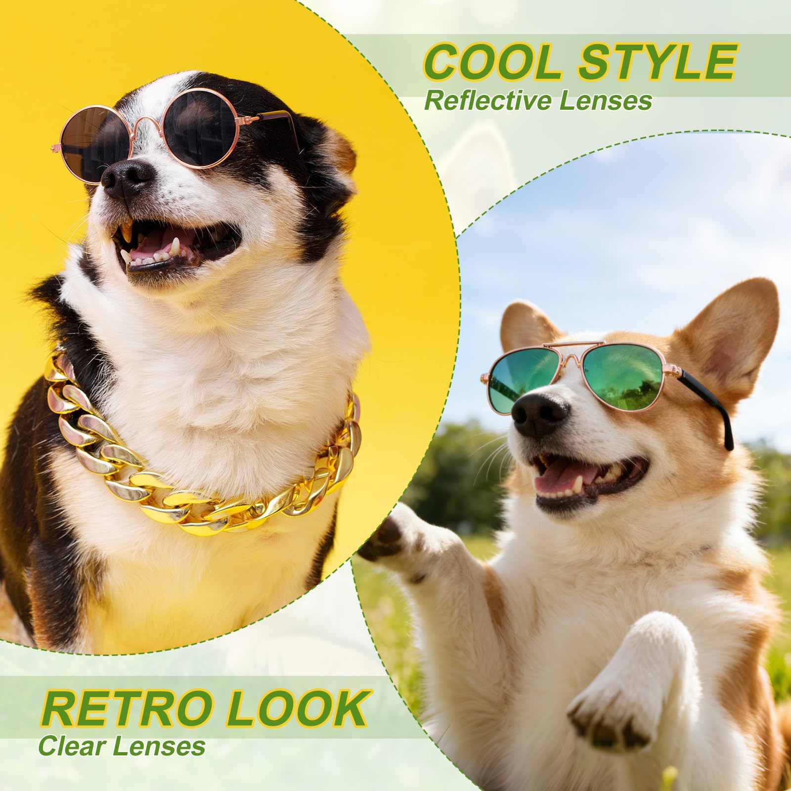 Okulary przeciwsłoneczne dla psów, retro, dla psów, kociąt, klasyczne, metalowe okulary, cosplay, kostium fotograficzny, rekwizyty, urocze mini okulary (lotnik, zielone soczewki