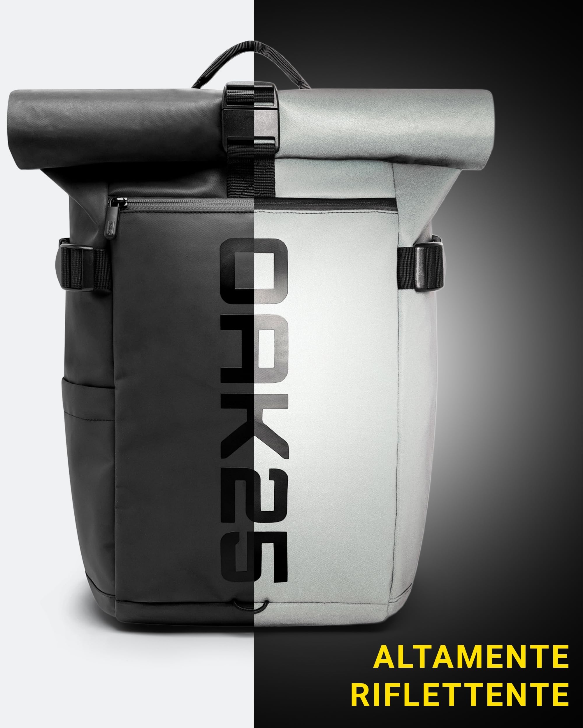 OAK25 Zaino Rolltop Riflettente da Donna & Uomo Nero - LumoSense Rolltop Lite - Zaino Roll Top per il Lavoro e la Bicicletta - Scomparto per Laptop fino a 16 Pollici - Daypack 19L Riflettente