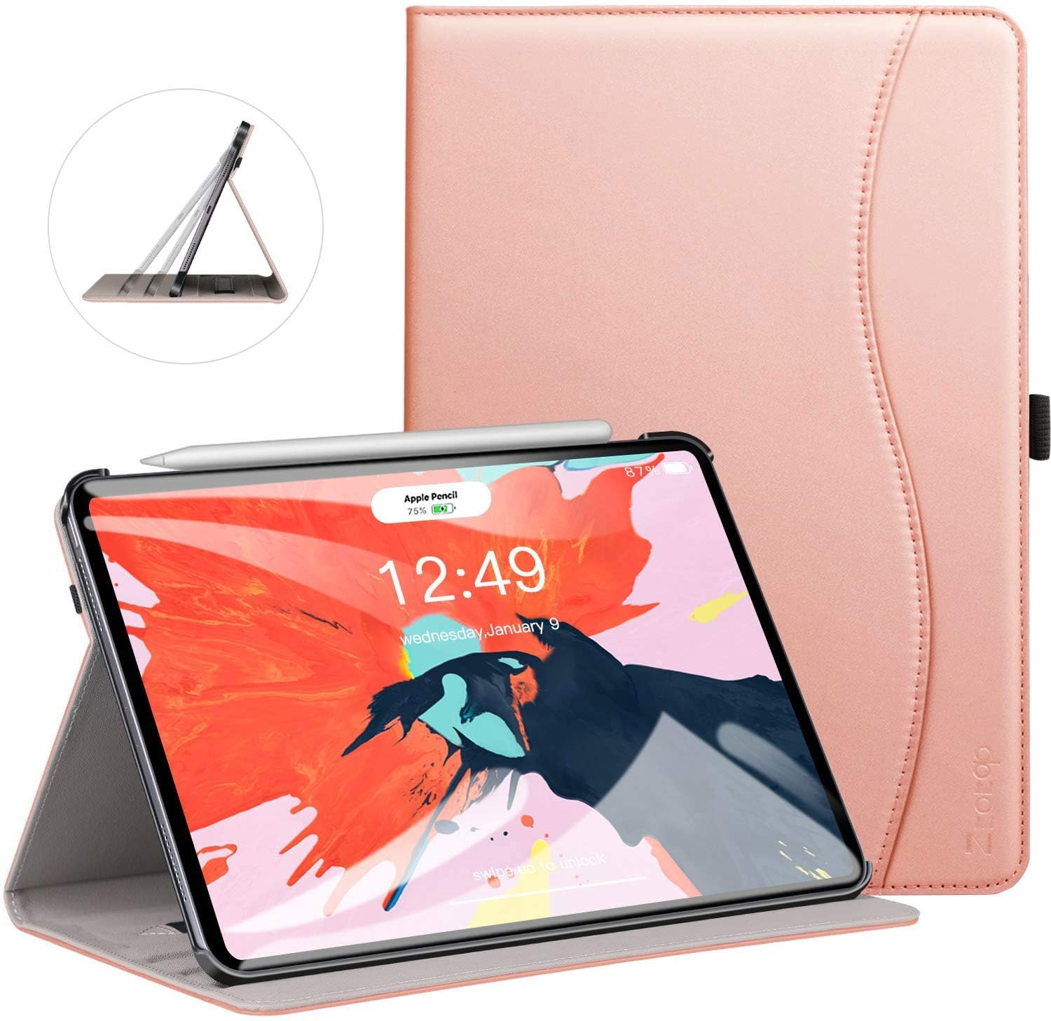 Ztotop Case for iPad Pro 11 Inch 2018 Release, Premium Leather Slim Multiple Viewing Angles Folding Stand Folio Cover with Auto Wake/Sleep (Support 2nd Gen Apple Pencil Wireless Charging), Rose Gold