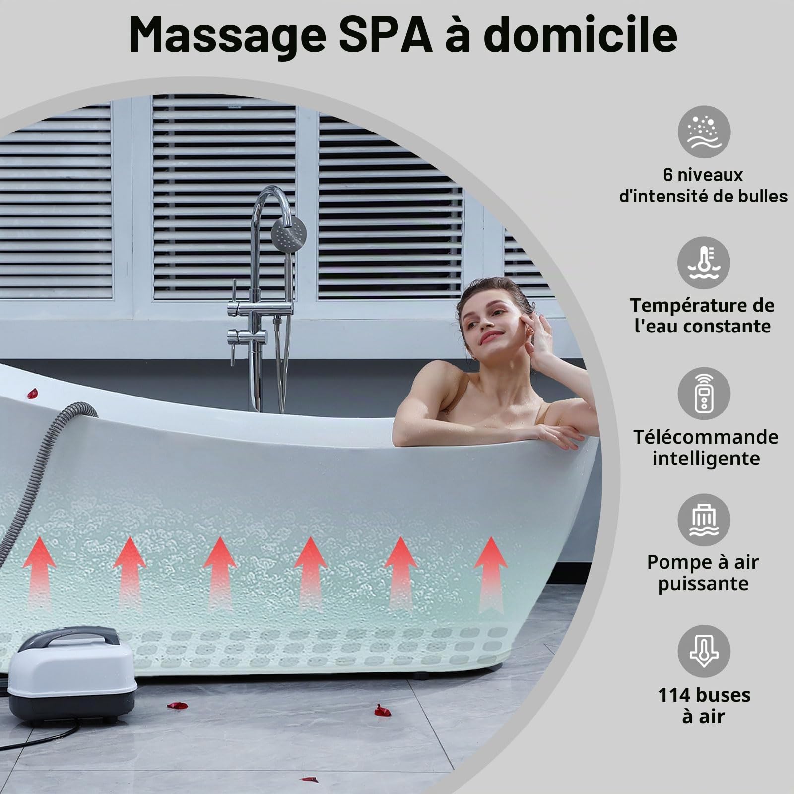 Tapis de bain à bulles avec coussin, portable à bulles avec 6 vitesses pour la relaxation à la maison, ventouses antidérapantes