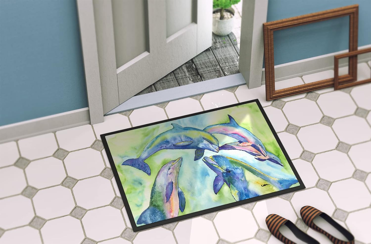 Caroline's Treasures 8548MAT Dolphin Doormat 18x27 Front Door Mat Indoor Outdoor Rugs for Entryway, Non Slip Washable Low Pile, 18H X 27W